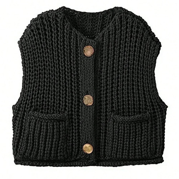 Black Casual Women's Loose Knit Vest With Double Pockets - Picture 3 of 5